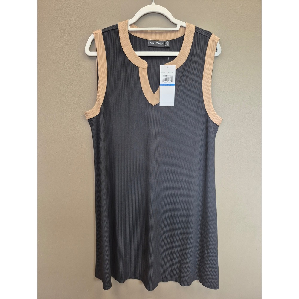 Nina Leonard XL‎ Womens Ribbed Dress Tunic Black Tan Sleeveless Stretch NWT